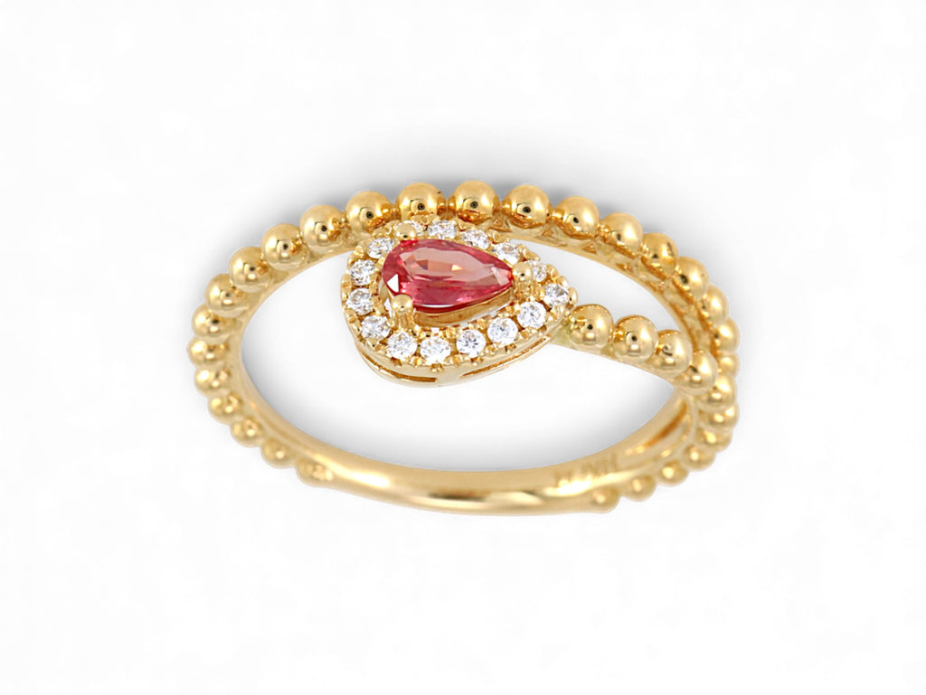 14K Yellow Gold Pear Cut Ruby with Diamond Halo Ring