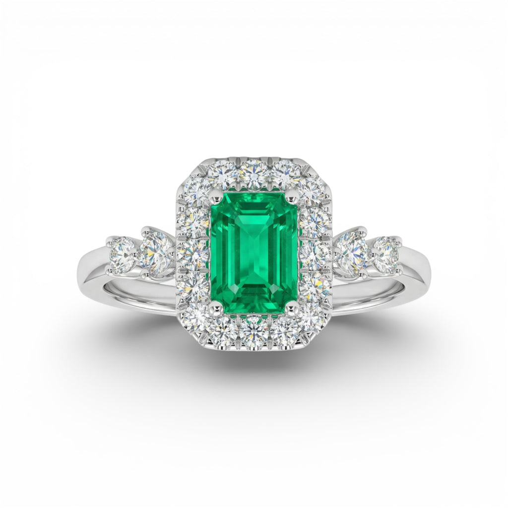14K White Gold Baguette Cut Emerald Diamond Halo Ring