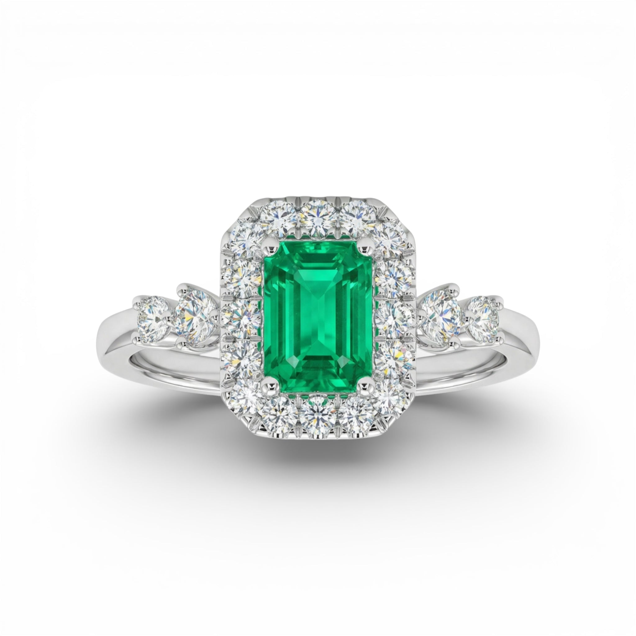 14K White Gold Baguette Cut Emerald Diamond Halo Ring