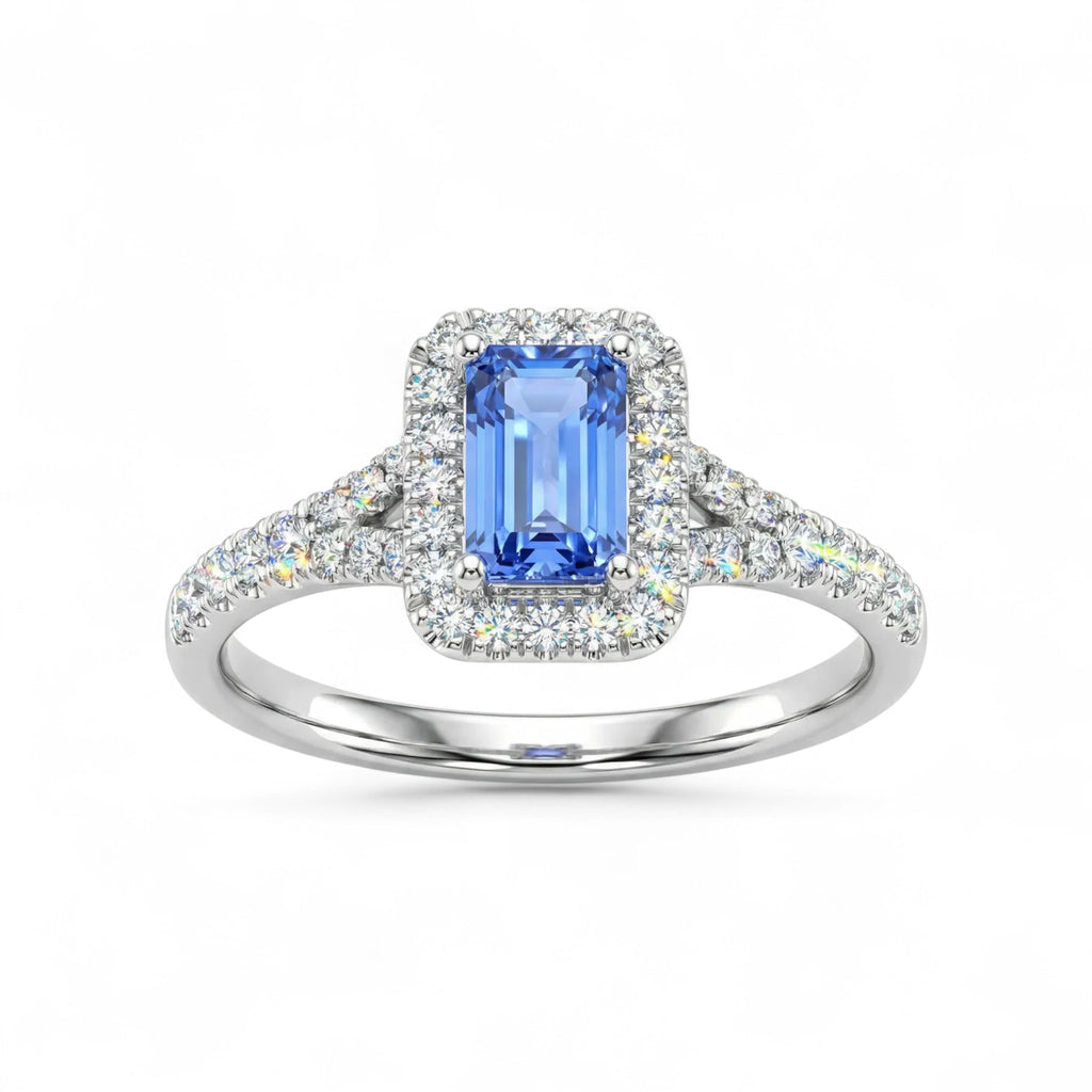 18K White Gold Baguette Cut Tanzanite with Diamond Halo Ring