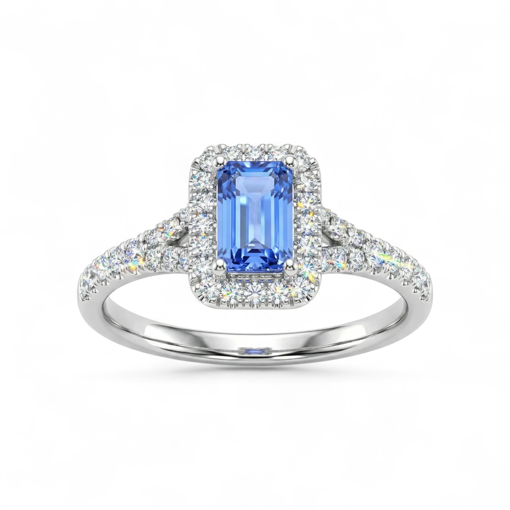 18K White Gold Baguette Cut Tanzanite with Diamond Halo Ring