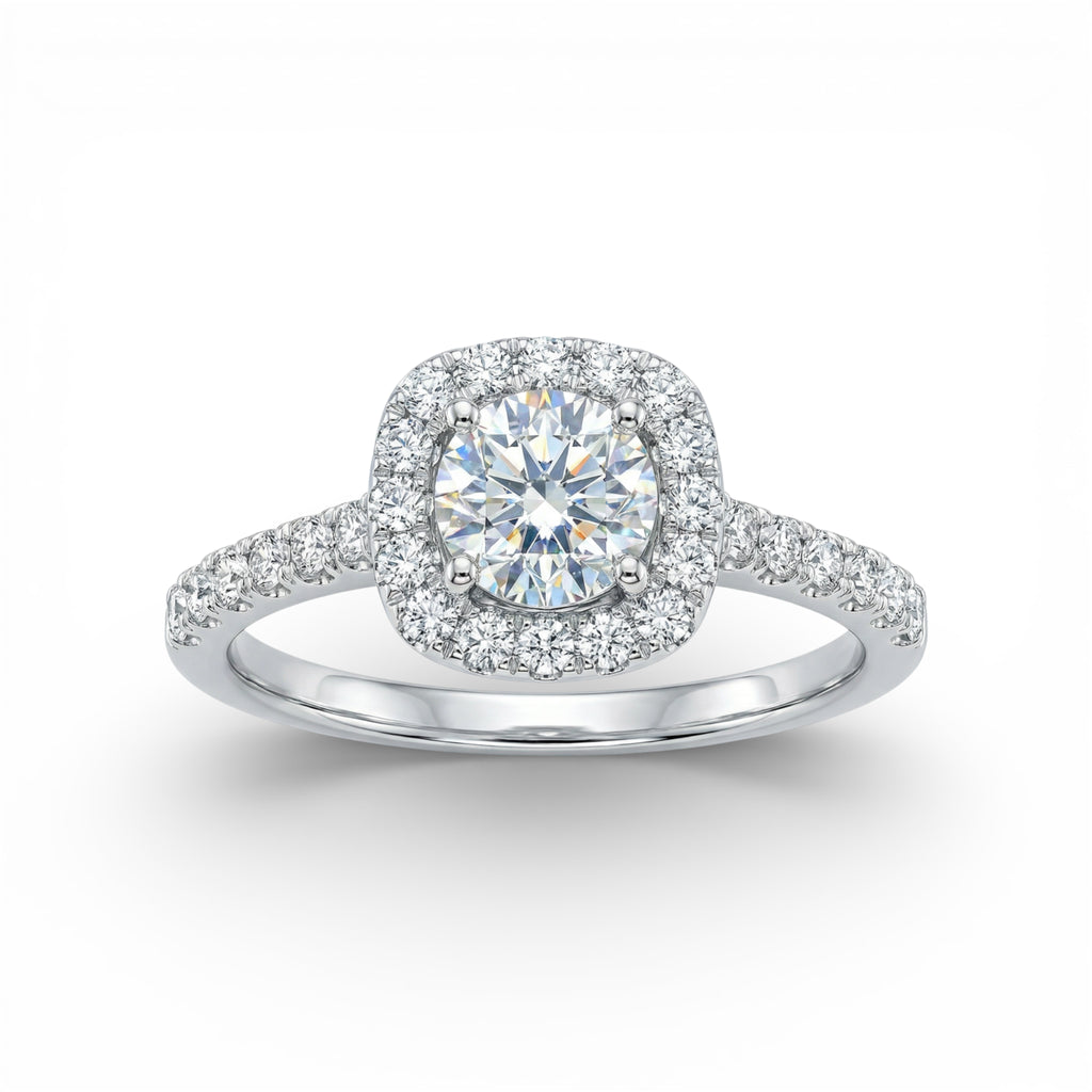 18K White Gold Round Brilliant Diamond Halo Engagement Ring