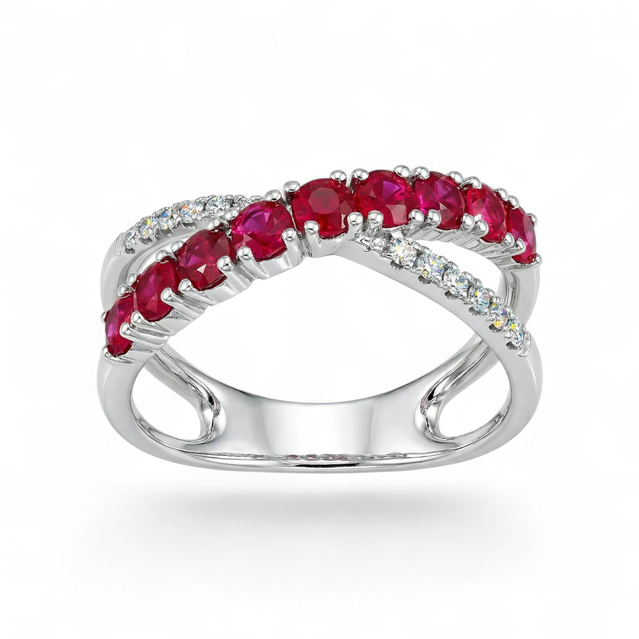 14K White Gold Ruby and Crisscross Diamond Ring