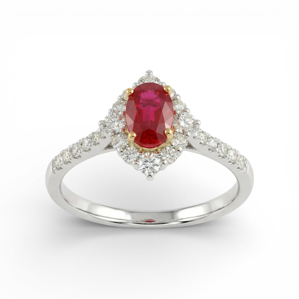 18K White and Yellow Gold Oval Cut Ruby with Diamond Halo Ring
