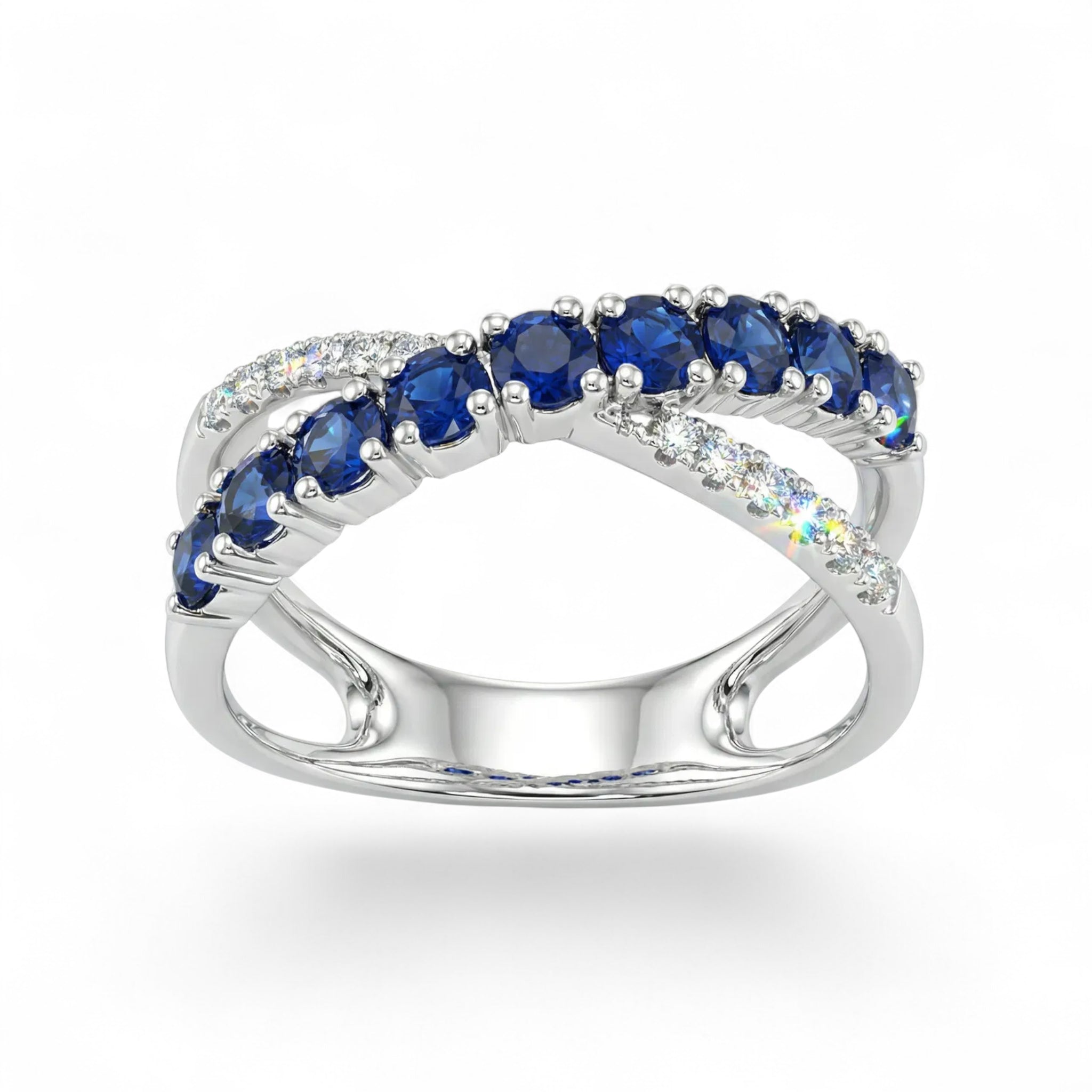 14K White Gold Round Sapphire Diamond Crisscross Ring