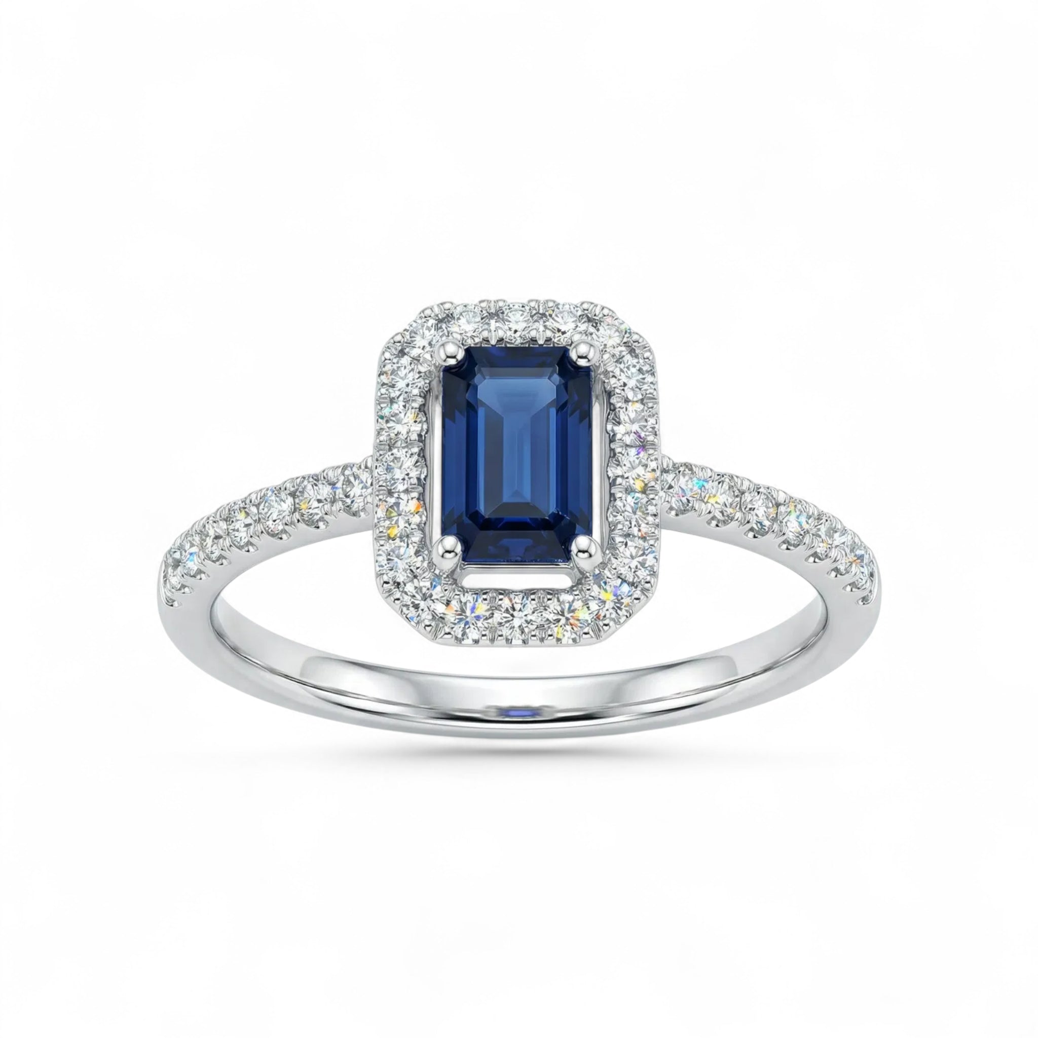 14K White Gold Baguette Cut Sapphire and Halo Diamond Engagement Ring