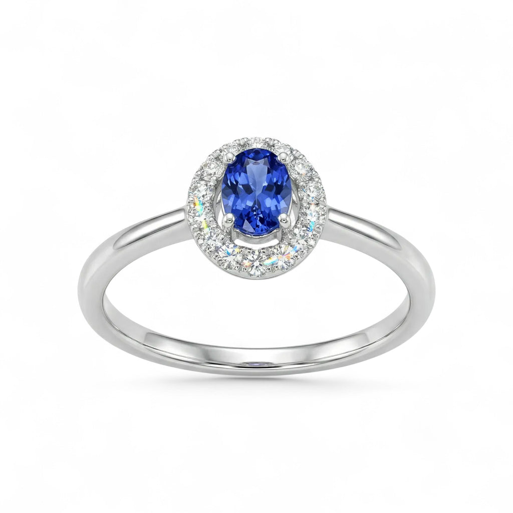 14K White Gold Oval Cut Tanzanite with Diamond Halo Ring