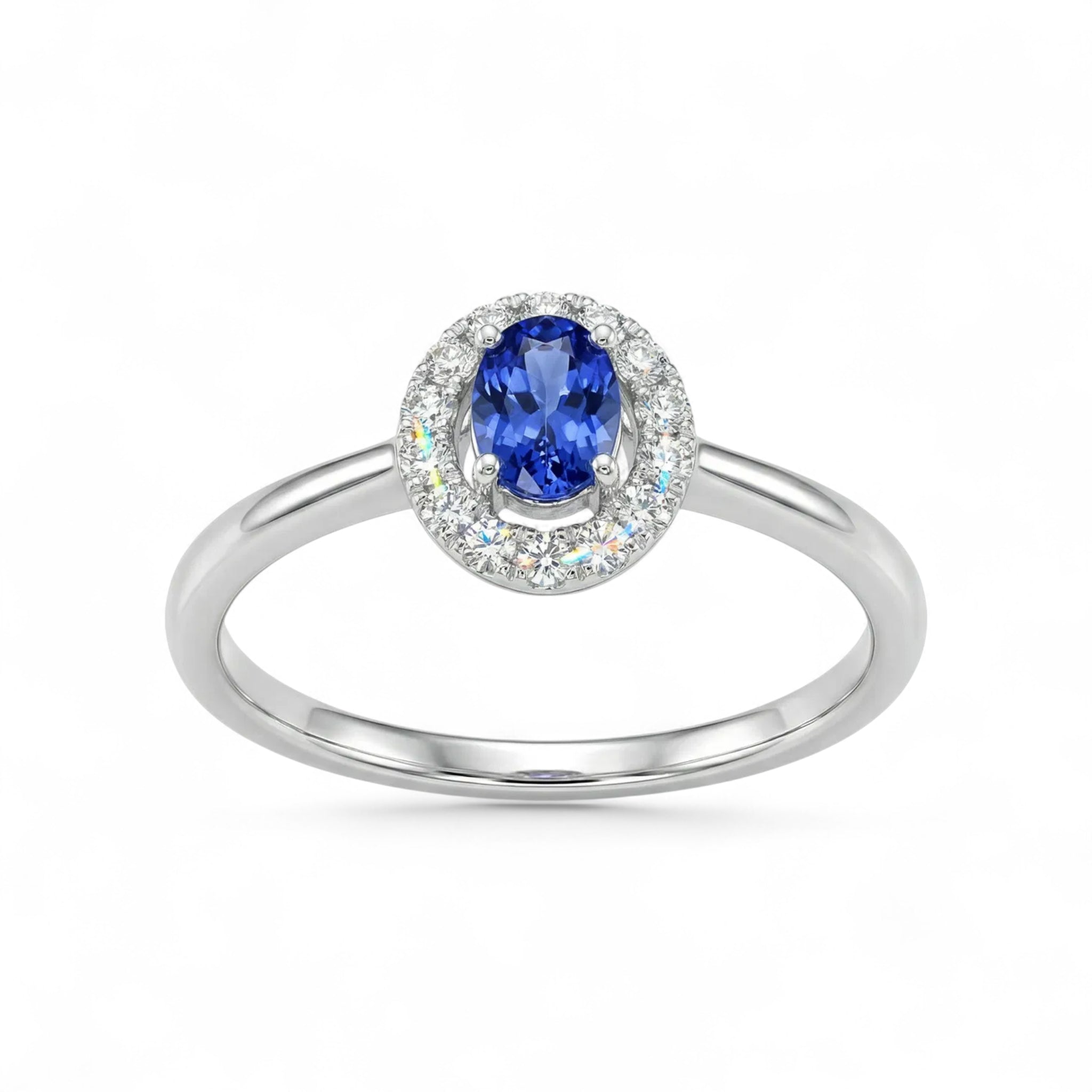 14K White Gold Oval Cut Tanzanite with Diamond Halo Ring