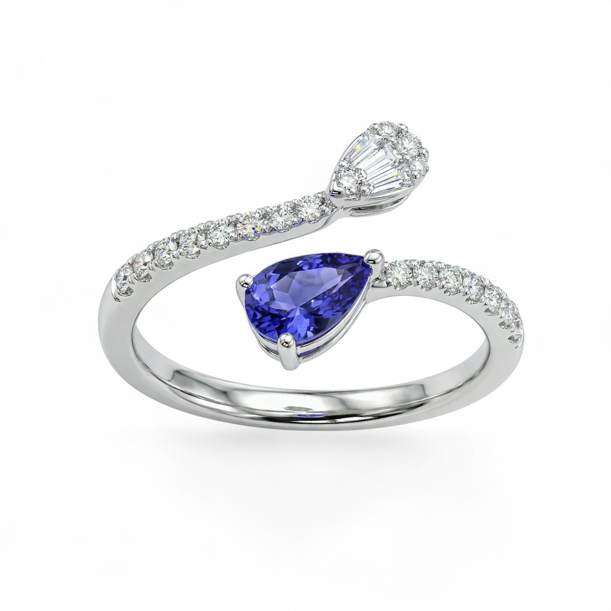 14K White Gold Pear Cut Tanzanite and Taper Diamond Ring