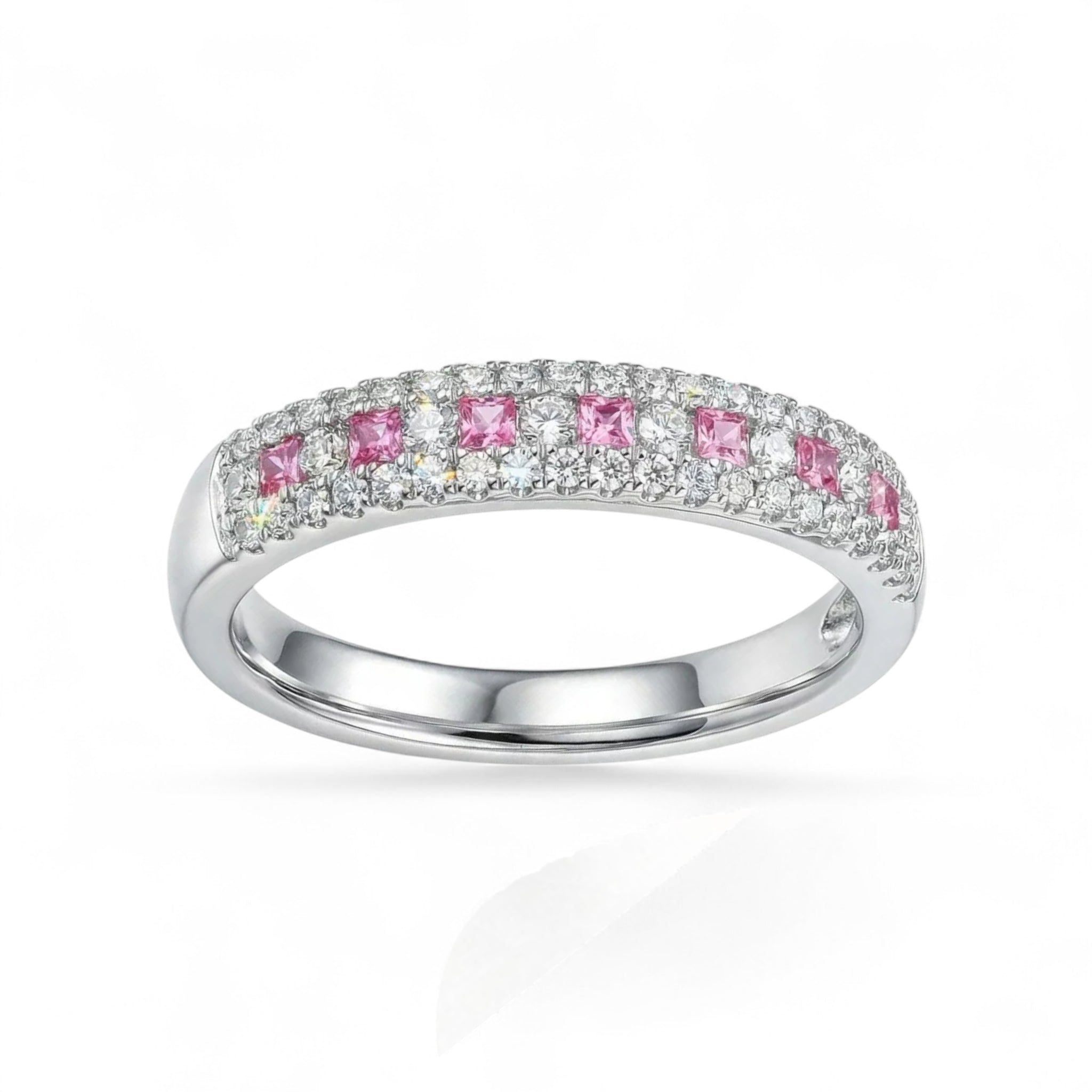 14K White Gold Round Ruby Diamond Wedding Band