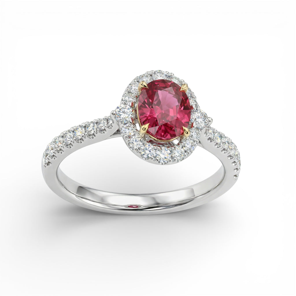 18K White and Yellow Oval Cut Ruby with Diamond Halo Ring