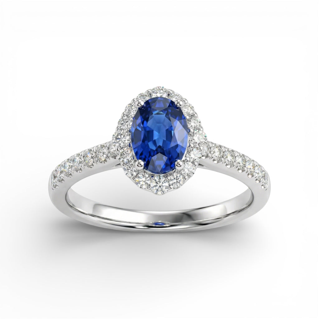 18K White Gold Oval Cut Sapphire with Diamond Halo Ring