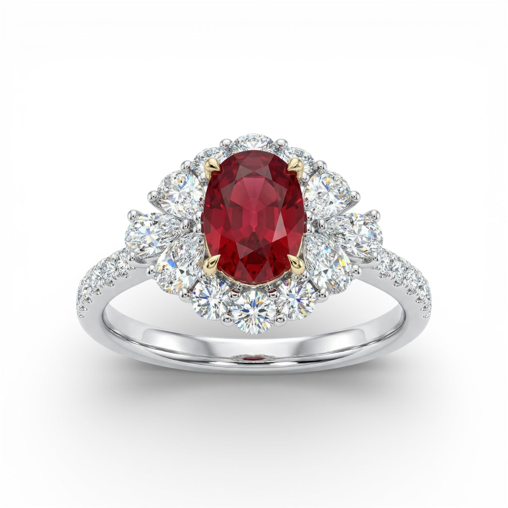 18K White and Yellow Gold Oval Cut Ruby with Pear Cut Diamond Halo Ring