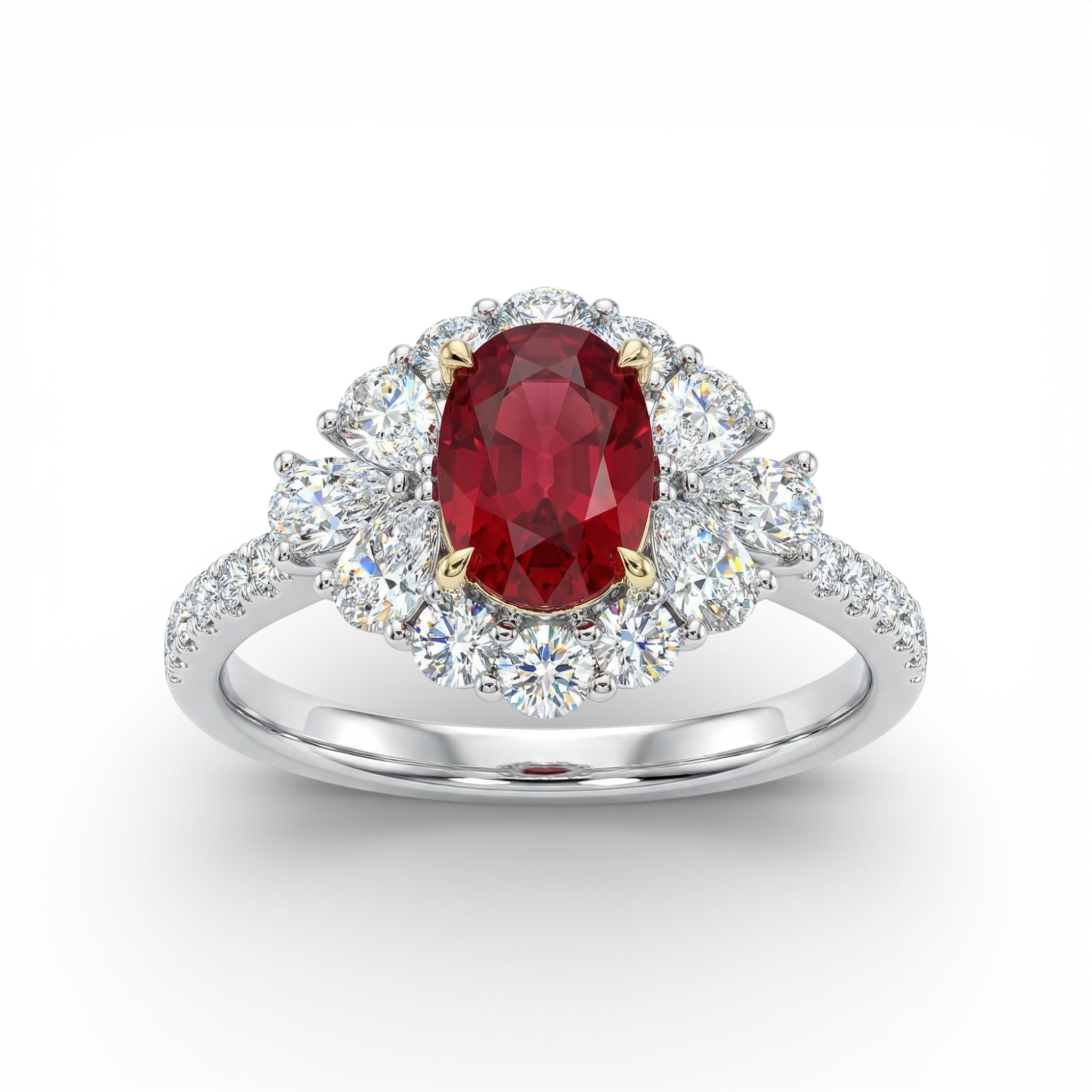 18K White and Yellow Gold Oval Cut Ruby with Pear Cut Diamond Halo Ring