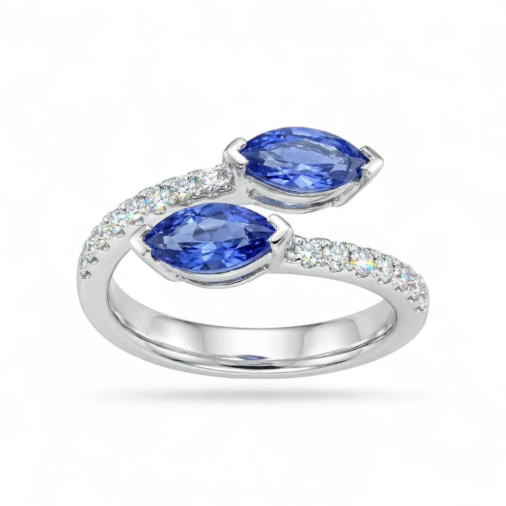 14K White Gold Marquise Cut Tanzanite with Diamond Open Ring