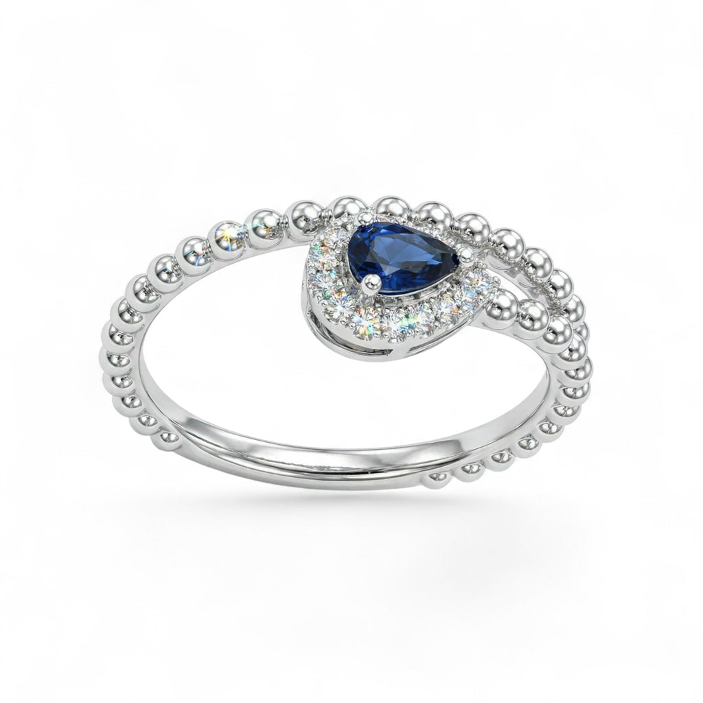 14K White Gold Pear Cut Sapphire with Diamond Halo Ring