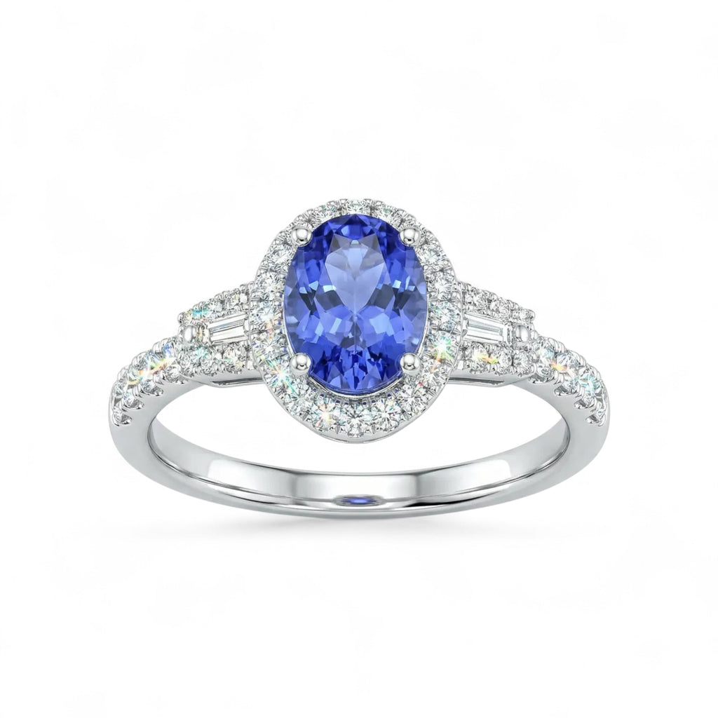 14K White Gold Oval Cut Tanzanite with Taper Diamond Halo Ring
