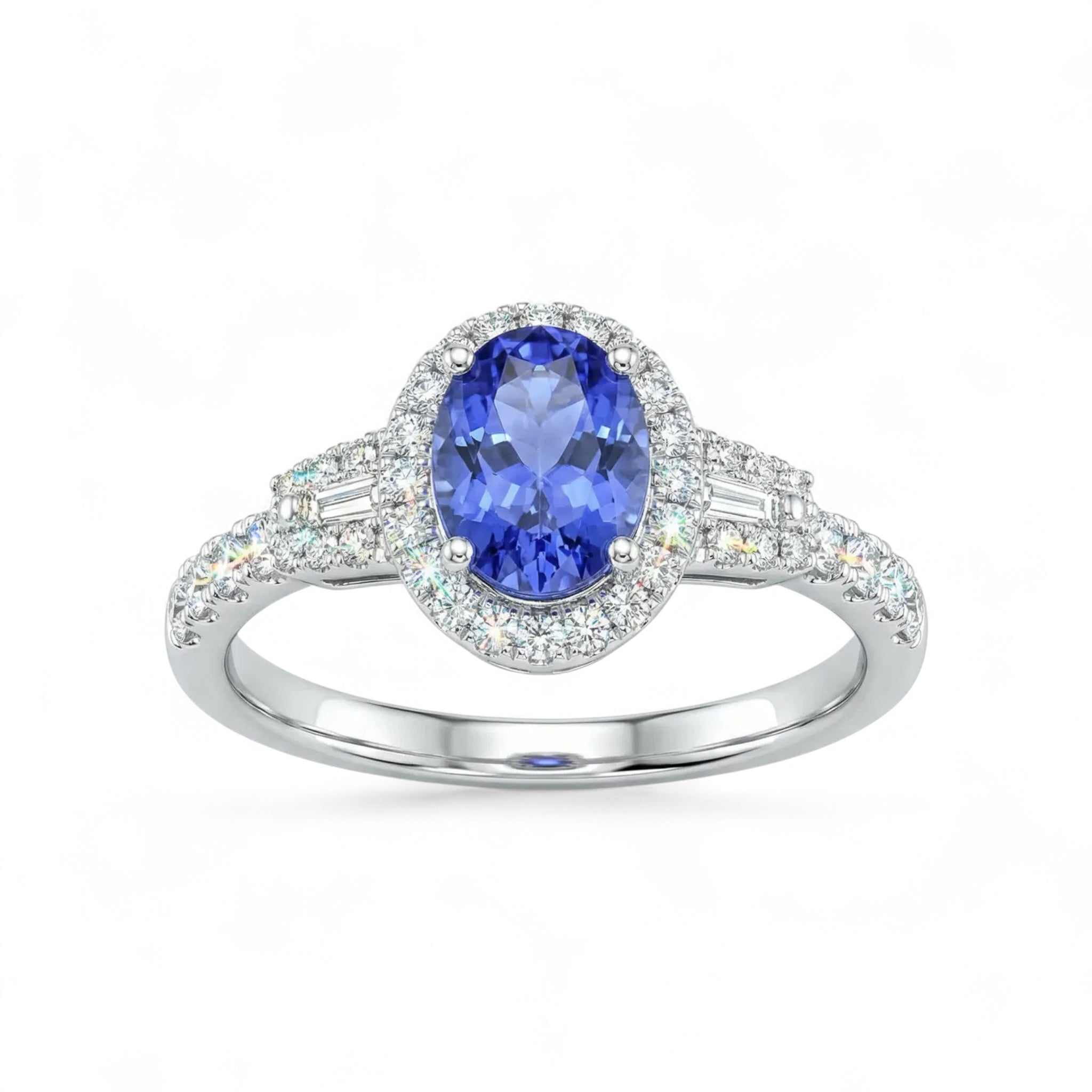 14K White Gold Oval Cut Tanzanite with Taper Diamond Halo Ring