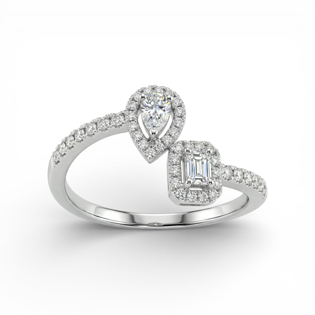 18K White Gold Pear and Baguette Cut Diamond Halo Ring