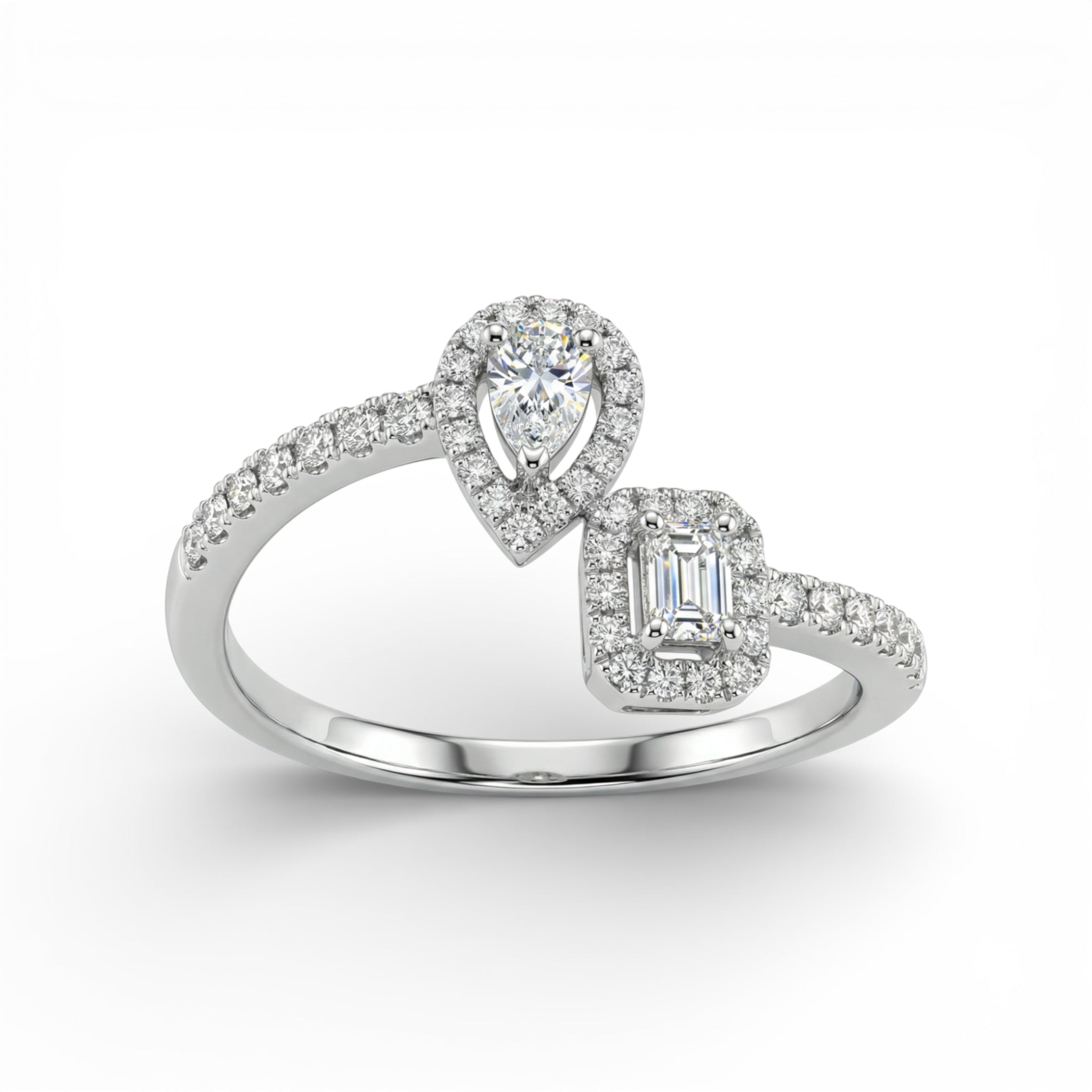 18K White Gold Pear and Baguette Cut Diamond Halo Ring