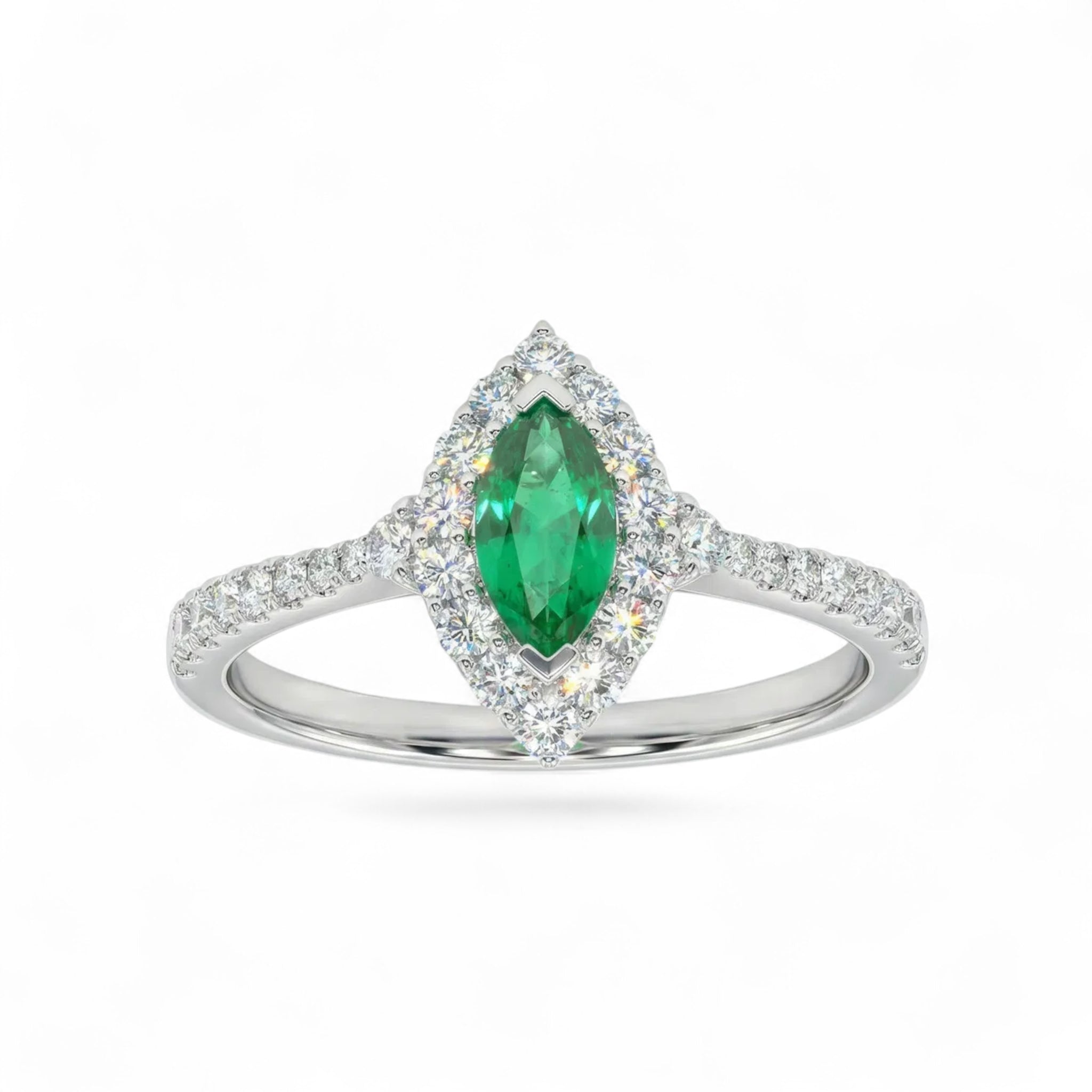 18K White Gold Marquise Cut Emerald Diamond Ring