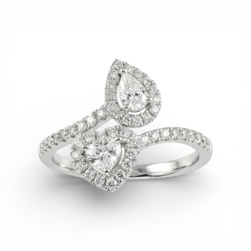 18K White Gold 2 Stone Heart and Pear Cut Diamond Ring