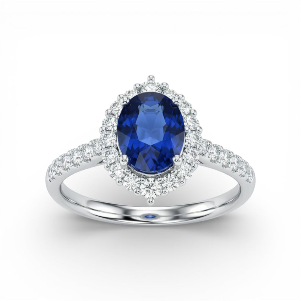 18K White Gold Oval Cut Sapphire with Diamond Halo Ring