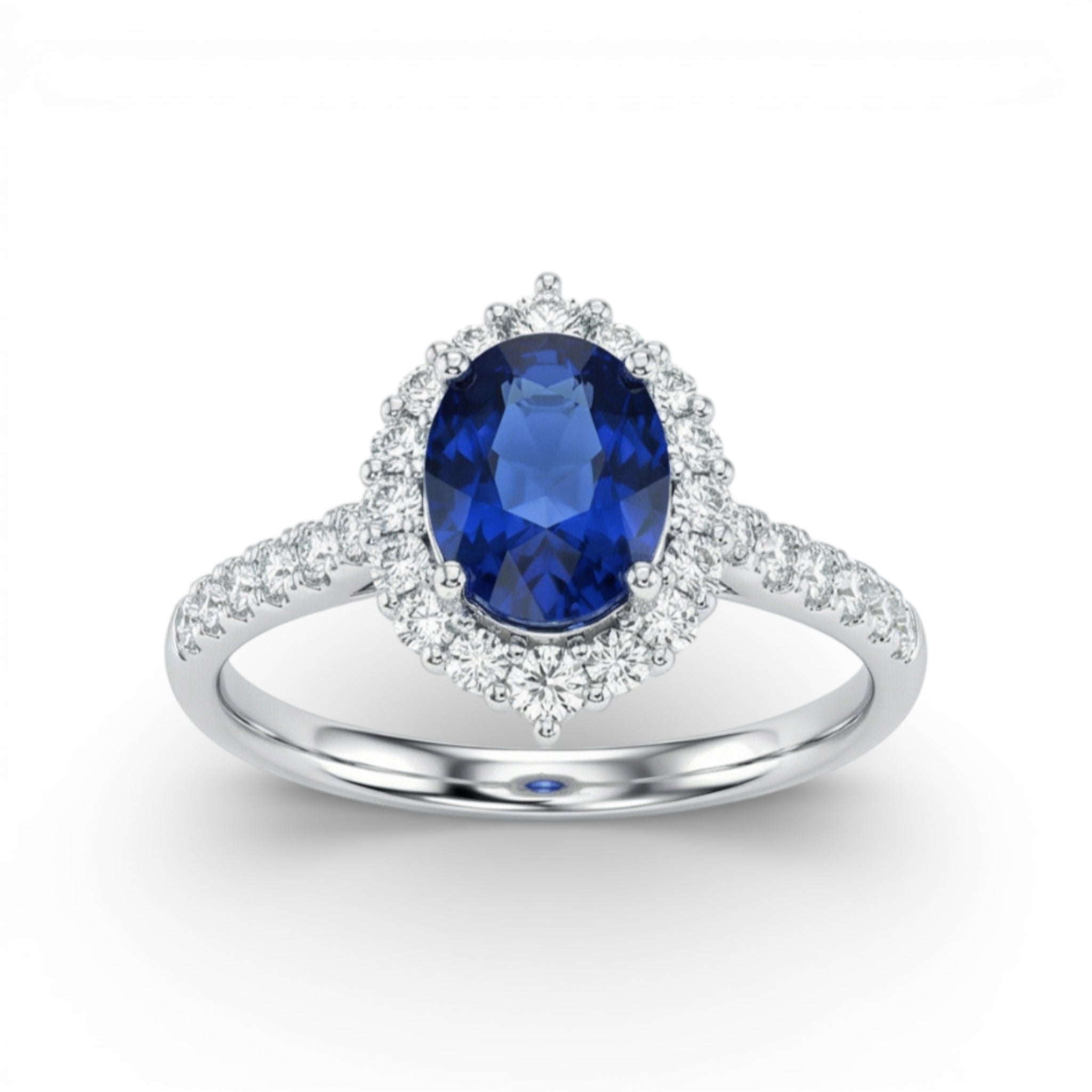 18K White Gold Oval Cut Sapphire with Diamond Halo Ring