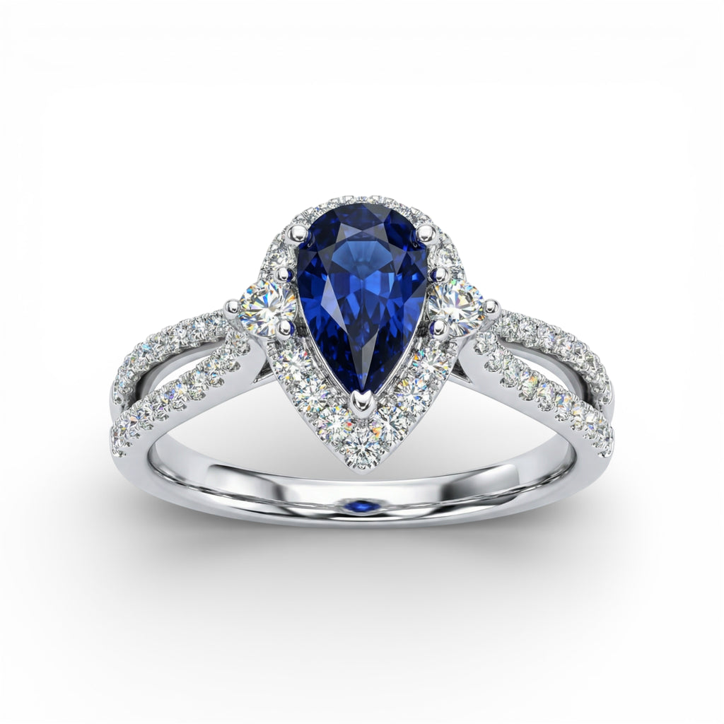 18K White Gold Pear Cut Sapphire with Diamond Halo Ring