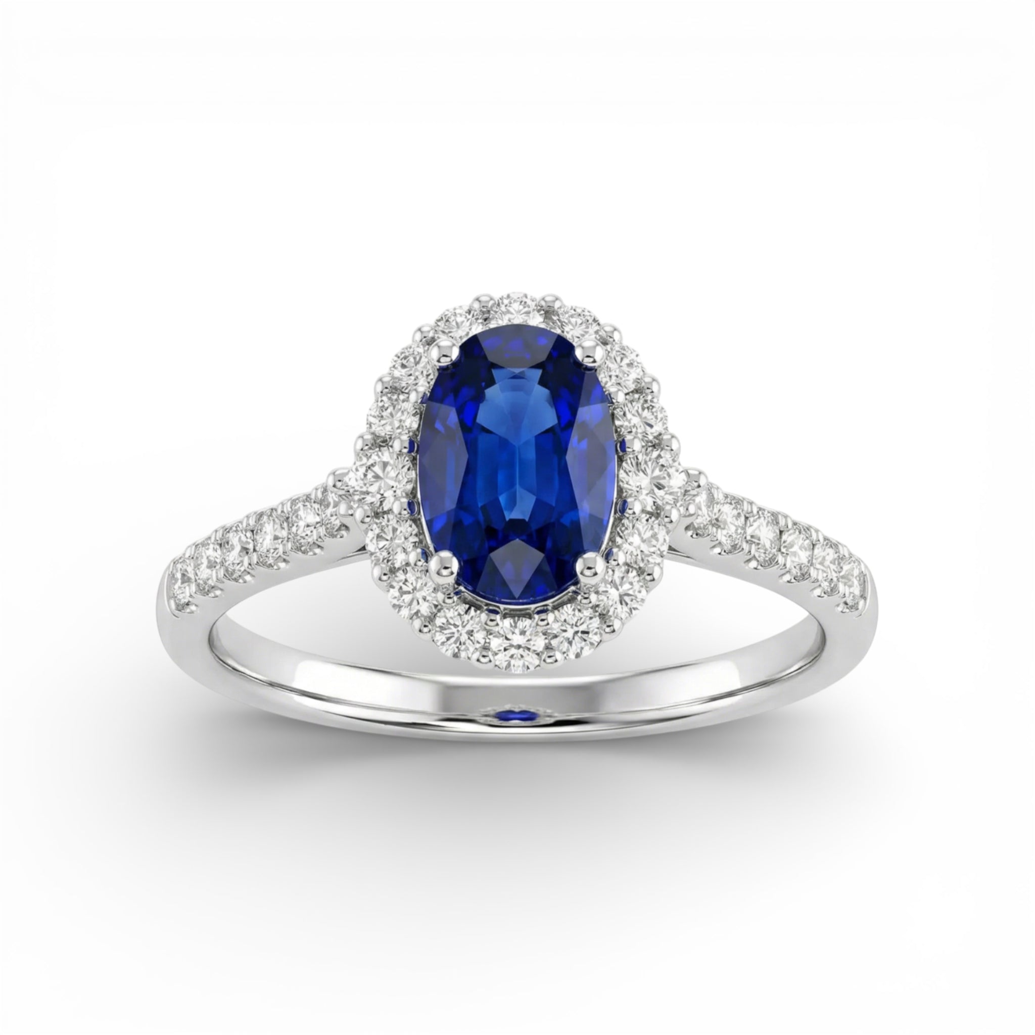 18K White Gold Oval Cut Sapphire with Diamond Halo Ring