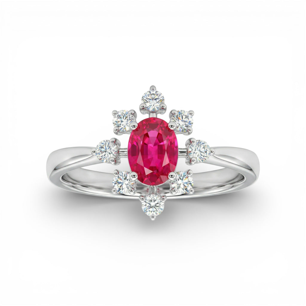 14K White Gold Oval Cut Ruby Diamond Halo Ring