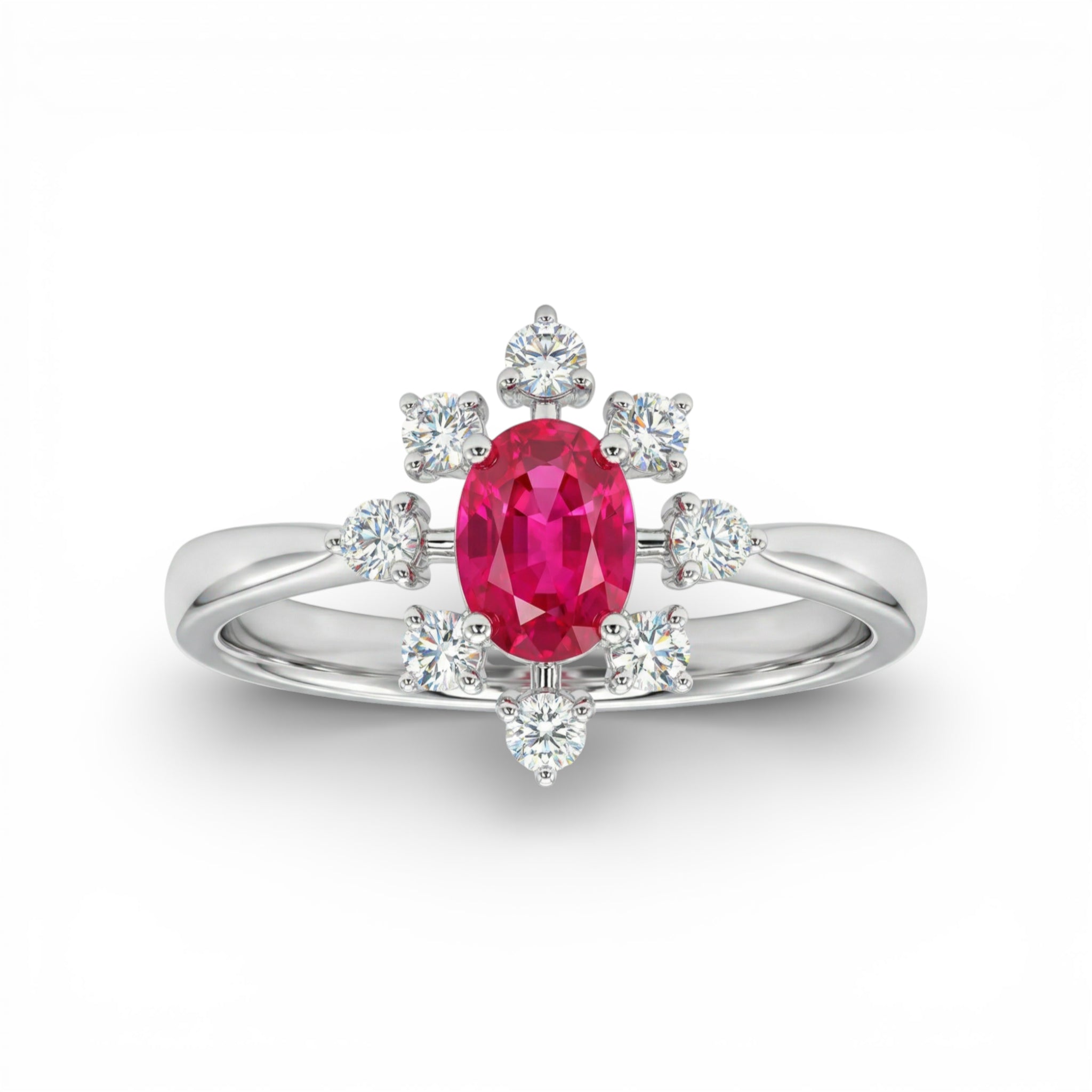 14K White Gold Oval Cut Ruby Diamond Halo Ring