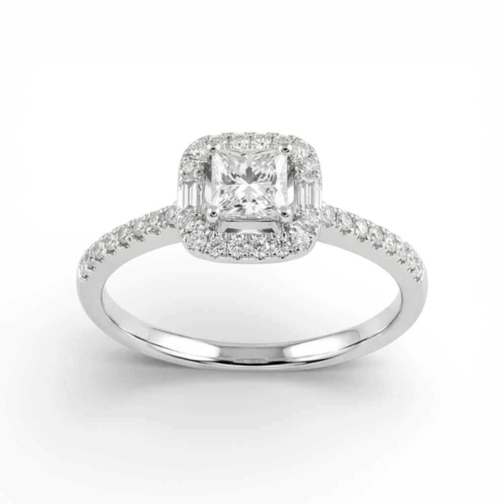 18K White Gold Princess and Baguette Cut Diamond Engagement Ring