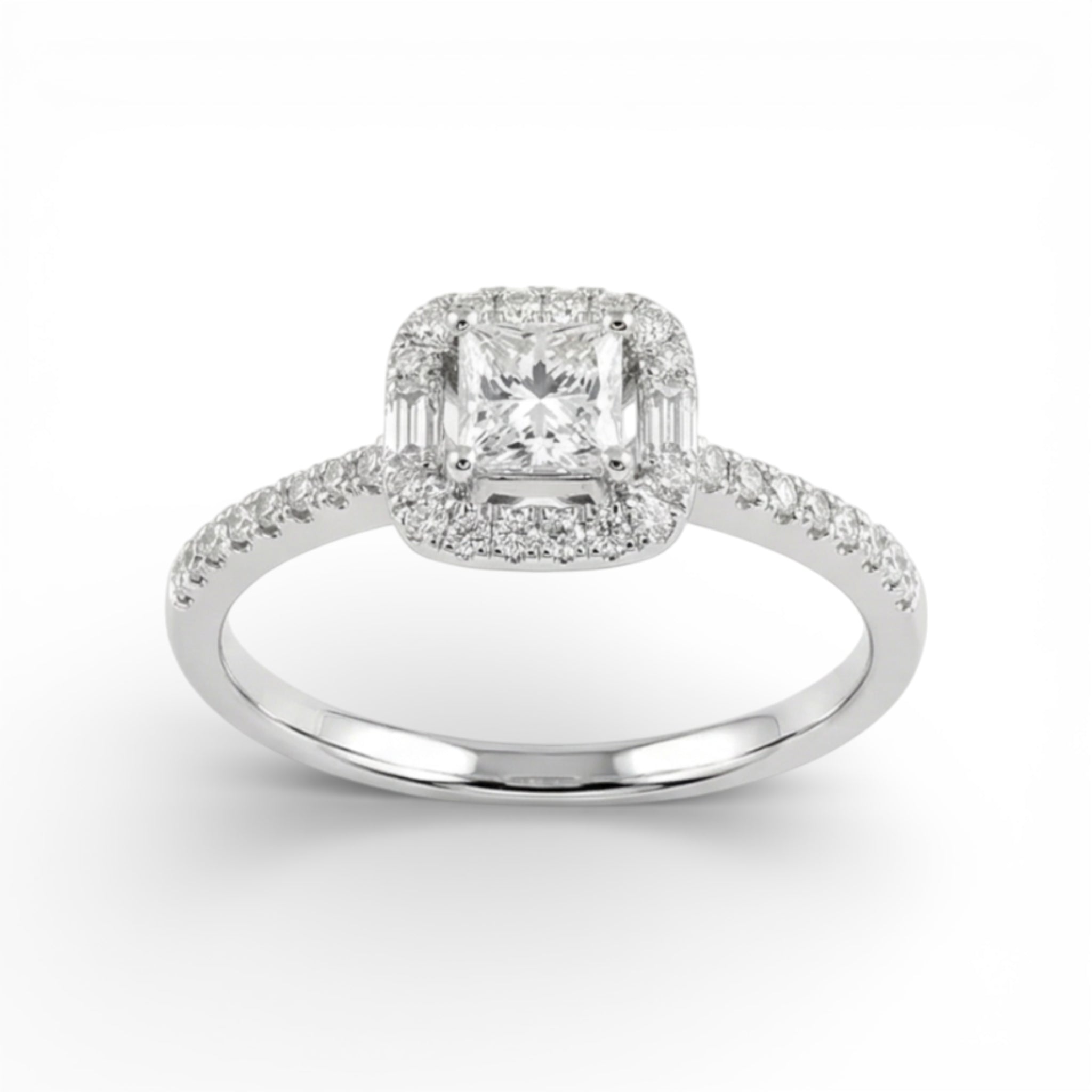 18K White Gold Princess and Baguette Cut Diamond Engagement Ring
