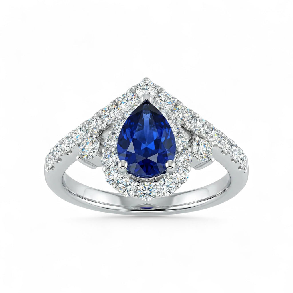 18K White Gold Pear Cut Sapphire with Diamond Halo Ring