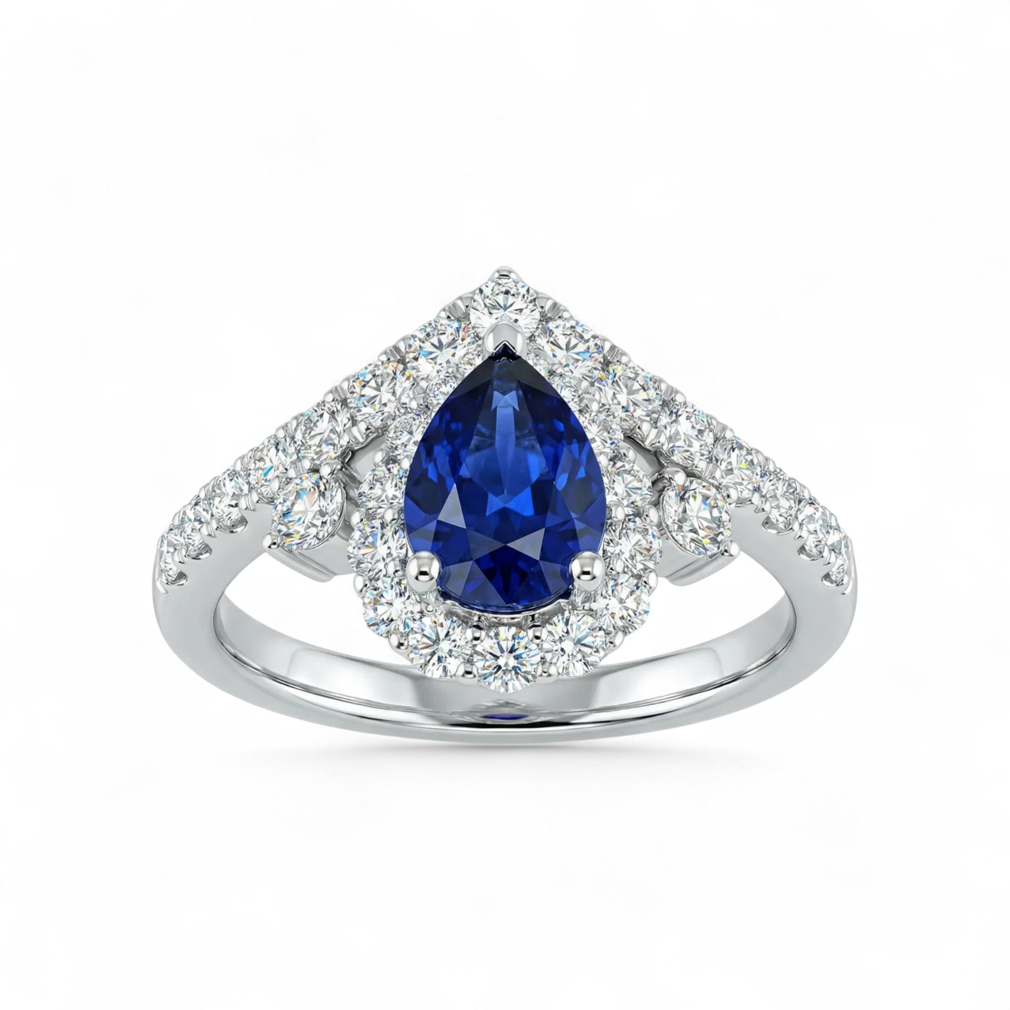 18K White Gold Pear Cut Sapphire with Diamond Halo Ring