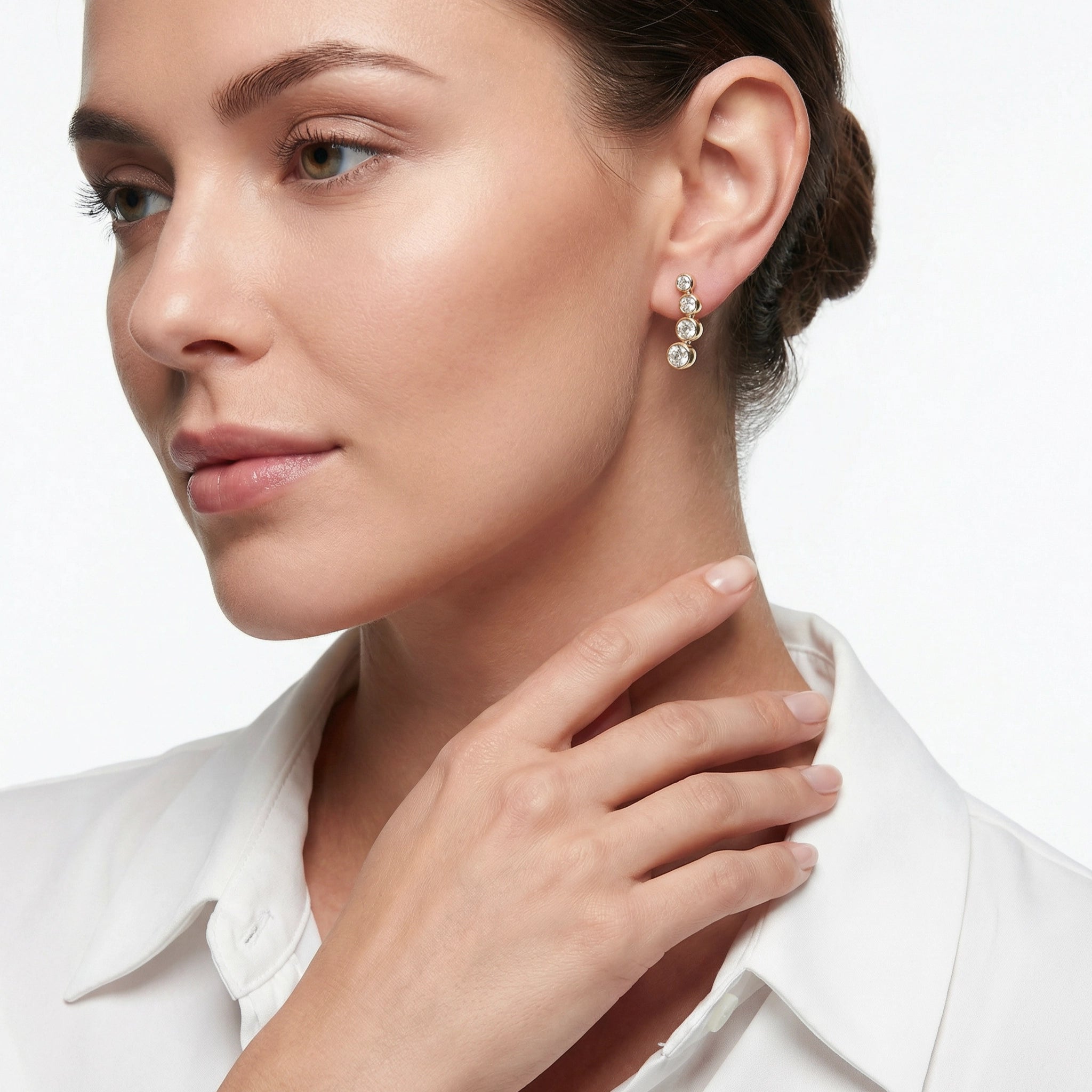 14K Yellow Gold 4 Bubble Diamond Drop Earrings on model, showcasing elegant drop design and sparkle.
