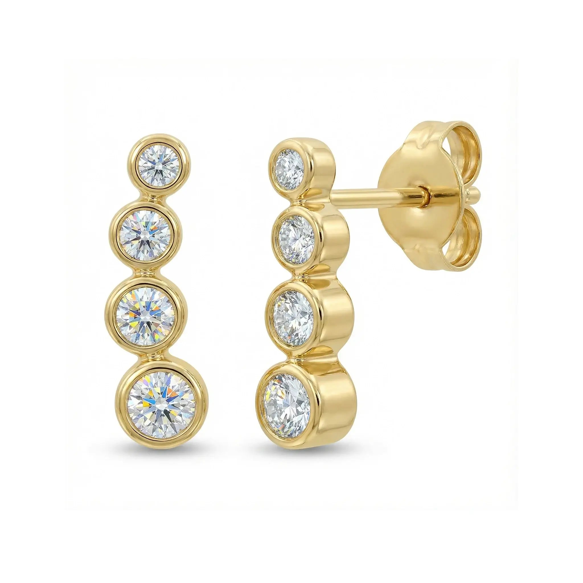 14K Yellow Gold 4 Bubble Diamond Drop Earrings on model, showcasing elegant drop design and sparkle.