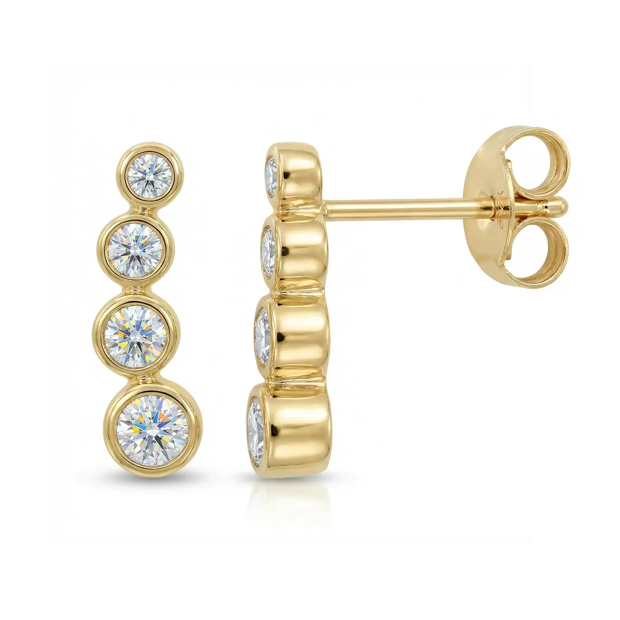 14K Yellow Gold 4 Bubble Diamond Drop Earrings on model, showcasing elegant drop design and sparkle.
