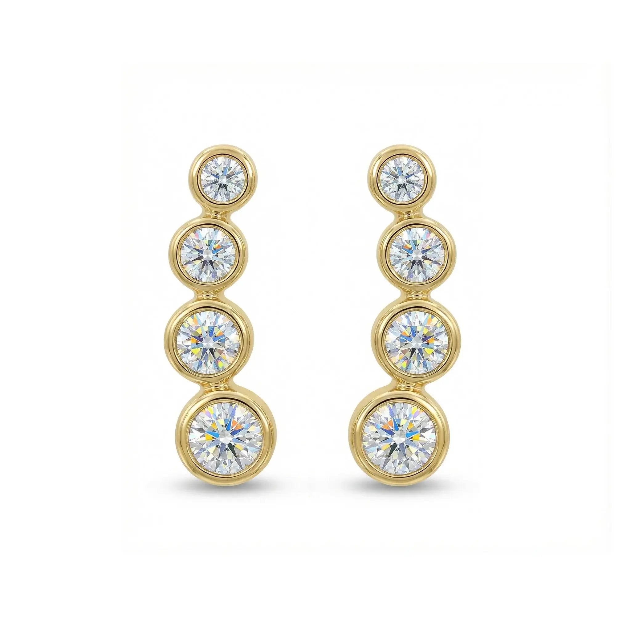 14K Yellow Gold 4 Bubble Diamond Drop Earrings on model, showcasing elegant drop design and sparkle.