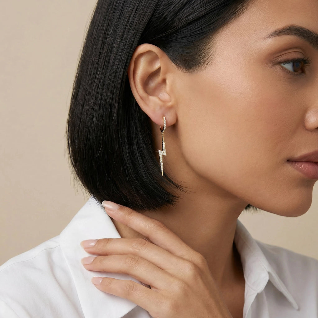14K Yellow Gold Dangle Lightning Diamond Hoop Earrings