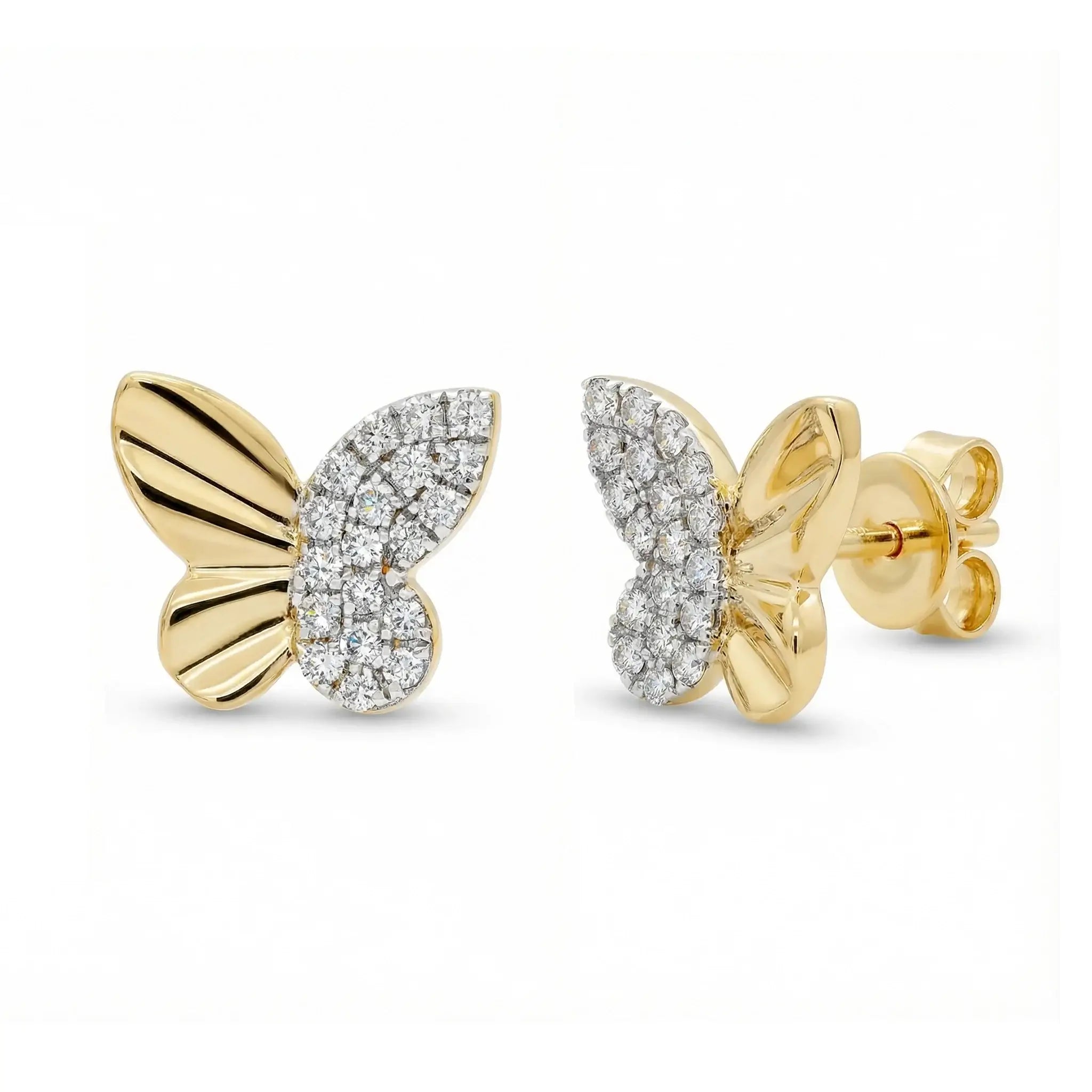 A pair of delicate butterfly-shaped diamond stud earrings in two-tone 14K gold, featuring yellow gold wing outlines adorned with sparkling round diamonds set in white gold.
