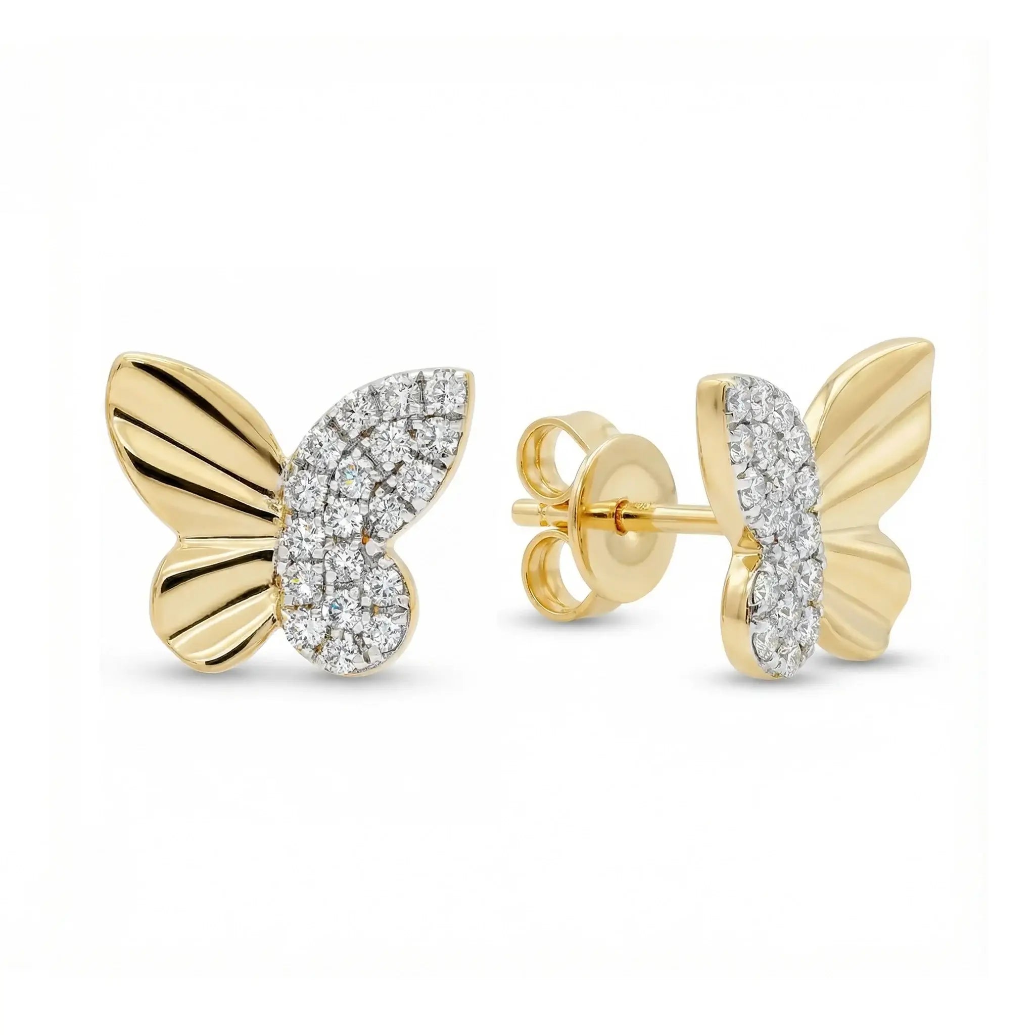 A pair of delicate butterfly-shaped diamond stud earrings in two-tone 14K gold, featuring yellow gold wing outlines adorned with sparkling round diamonds set in white gold.