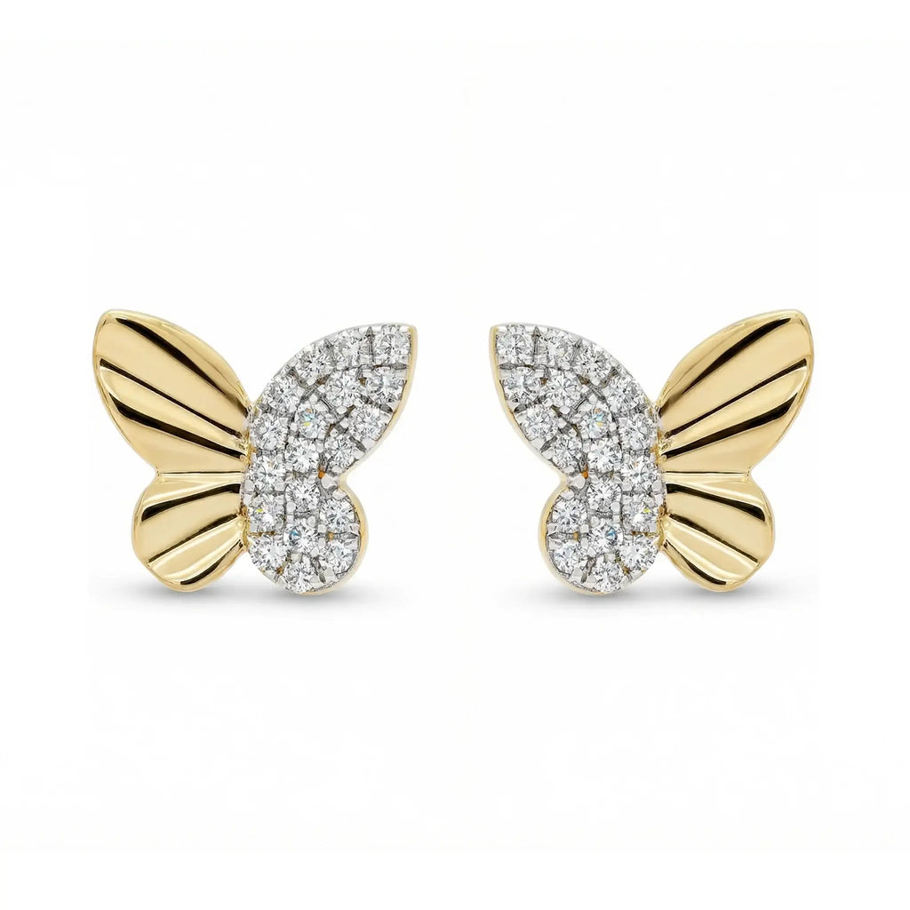 A pair of delicate butterfly-shaped diamond stud earrings in two-tone 14K gold, featuring yellow gold wing outlines adorned with sparkling round diamonds set in white gold.