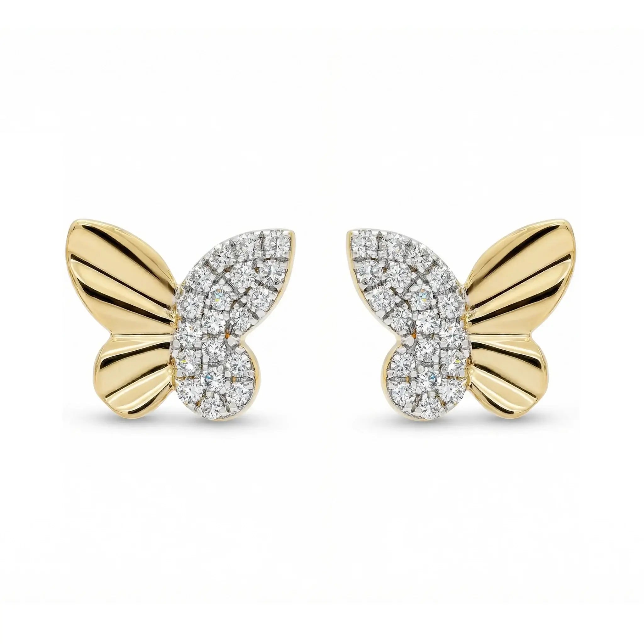 A pair of delicate butterfly-shaped diamond stud earrings in two-tone 14K gold, featuring yellow gold wing outlines adorned with sparkling round diamonds set in white gold.