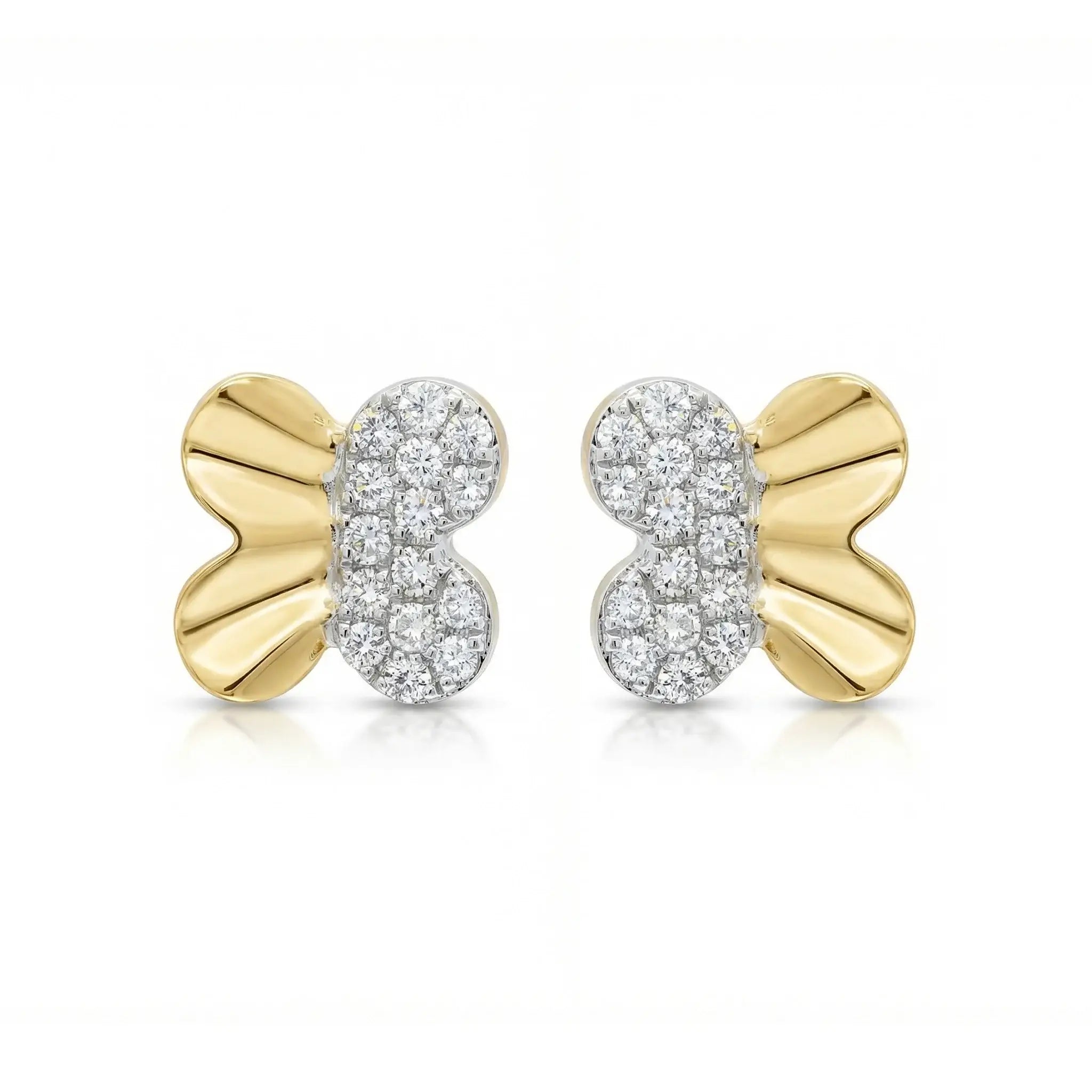 A pair of delicate, sparkling butterfly stud earrings in two-tone 14K gold, with a yellow gold body and white gold wings set with round brilliant diamonds.