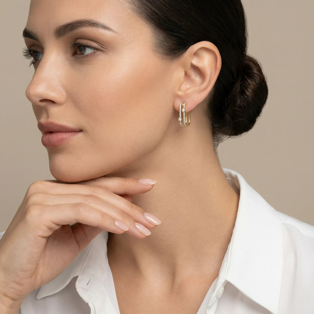 14K Yellow Gold Double Row Diamond Hoop Earrings