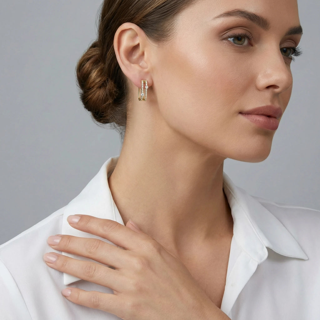 14K Yellow Gold Double Row Diamond Hoop Earrings