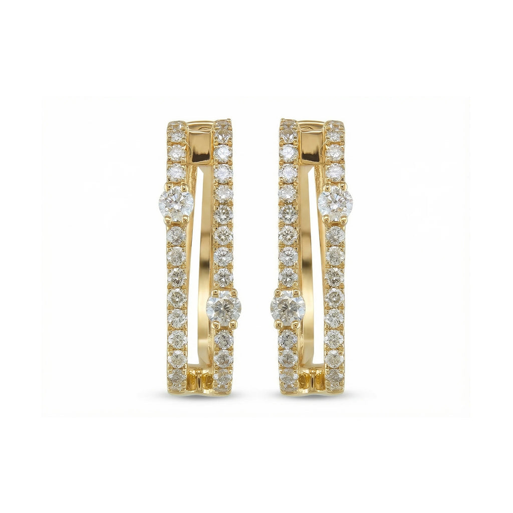 14K Yellow Gold Double Row Diamond Hoop Earrings