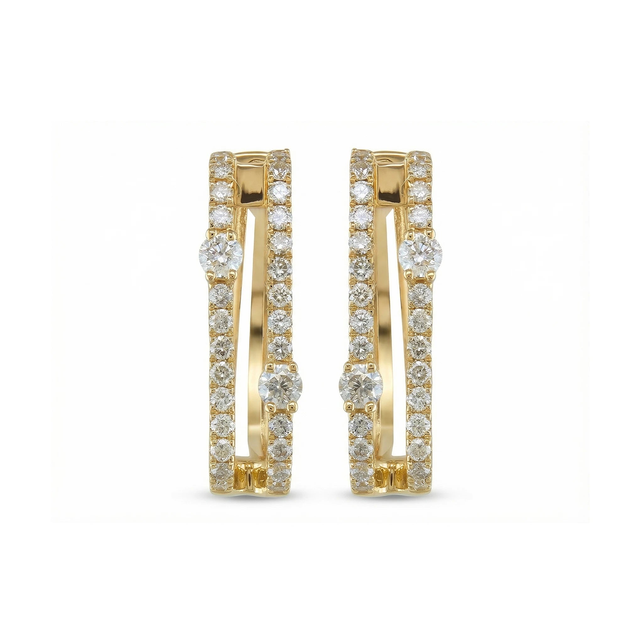 14K Yellow Gold Double Row Diamond Hoop Earrings